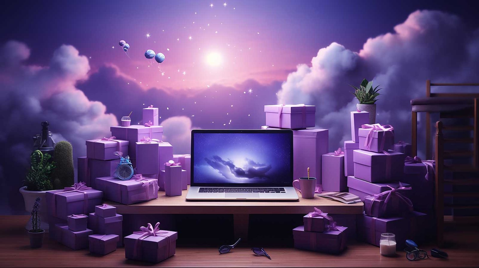 Ottimizzazione SEO - Computer attorniato da pacchi regalo