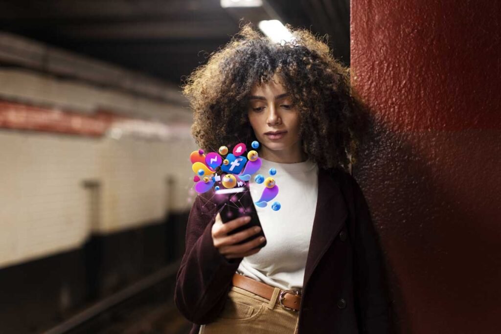 Social Media Marketing ragazza in metropolitana che tiene un cellulare navigando sui social