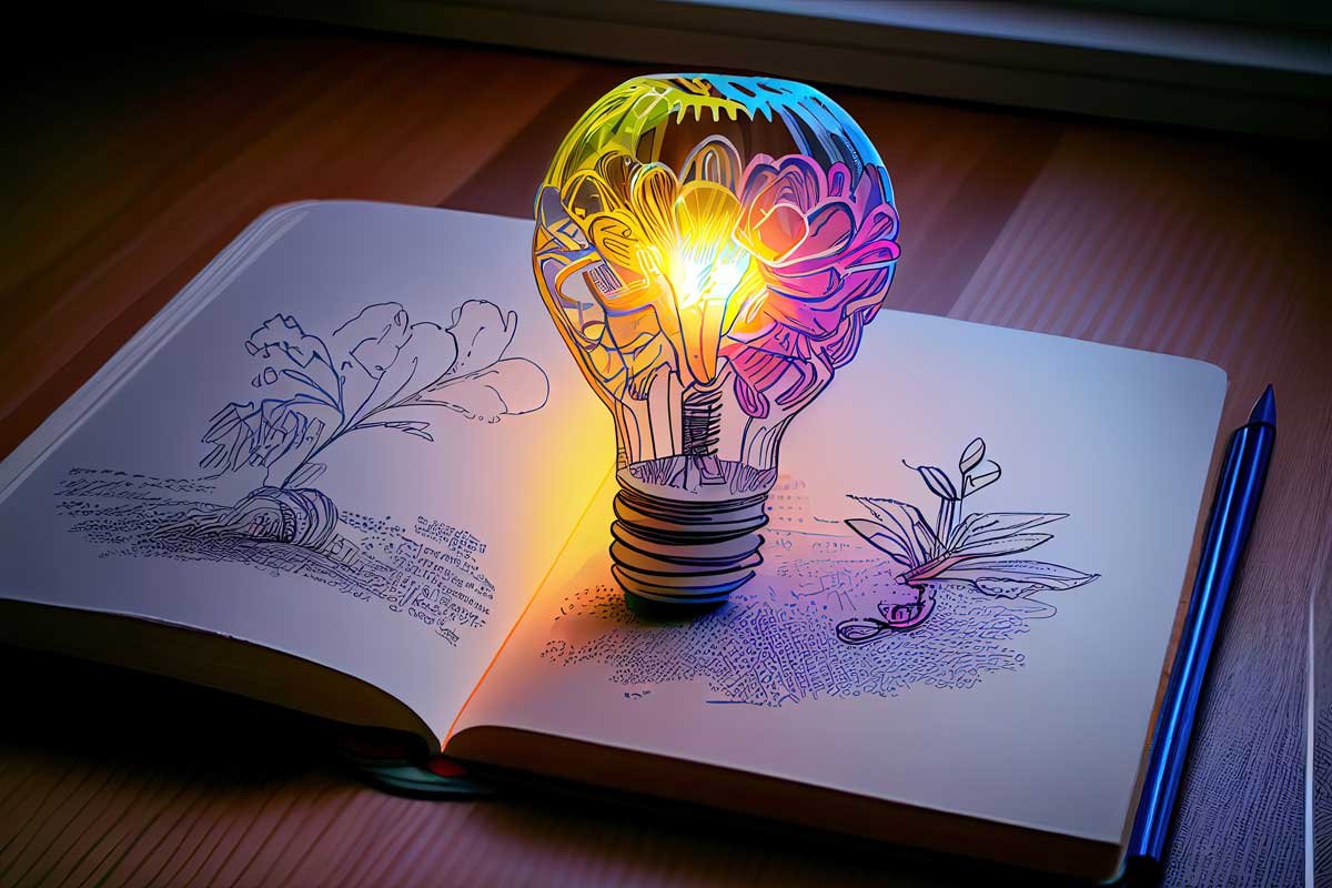 Storytelling - lampadina colorata sopra un quaderno aperto