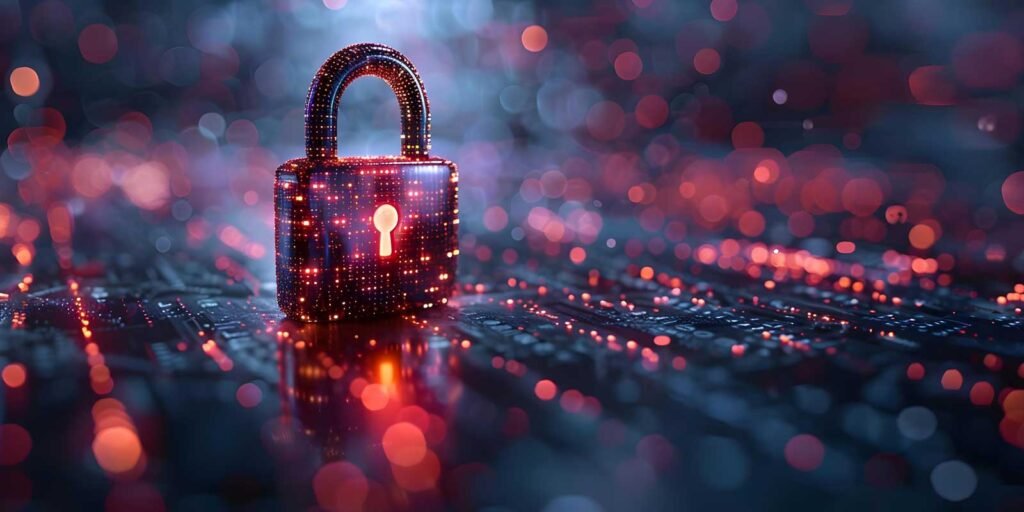 Amore e Connessione Digitale 15 La Sicurezza Informatica - Lucchetto digitale sopra una tastiera illuminata