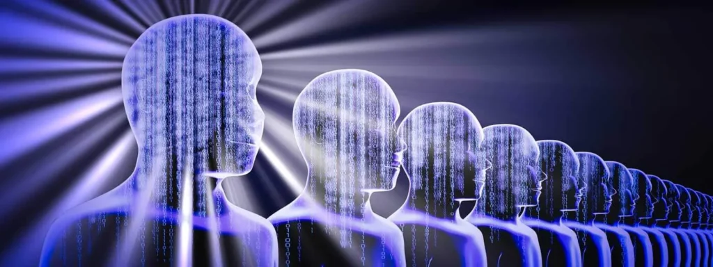 Blockchain e Marketing immagine concettuale di tante persone in fila con un ologramma sulla testa stilizzata