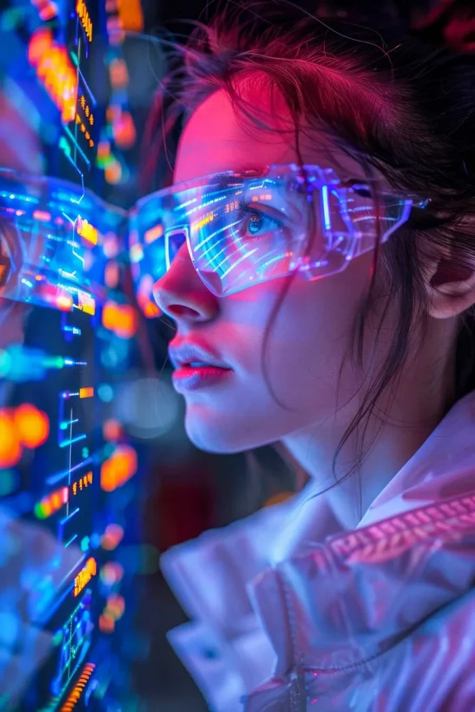 Innovazione e Tecnologia ragazza con occhiali futuristici che fissa uno schermo