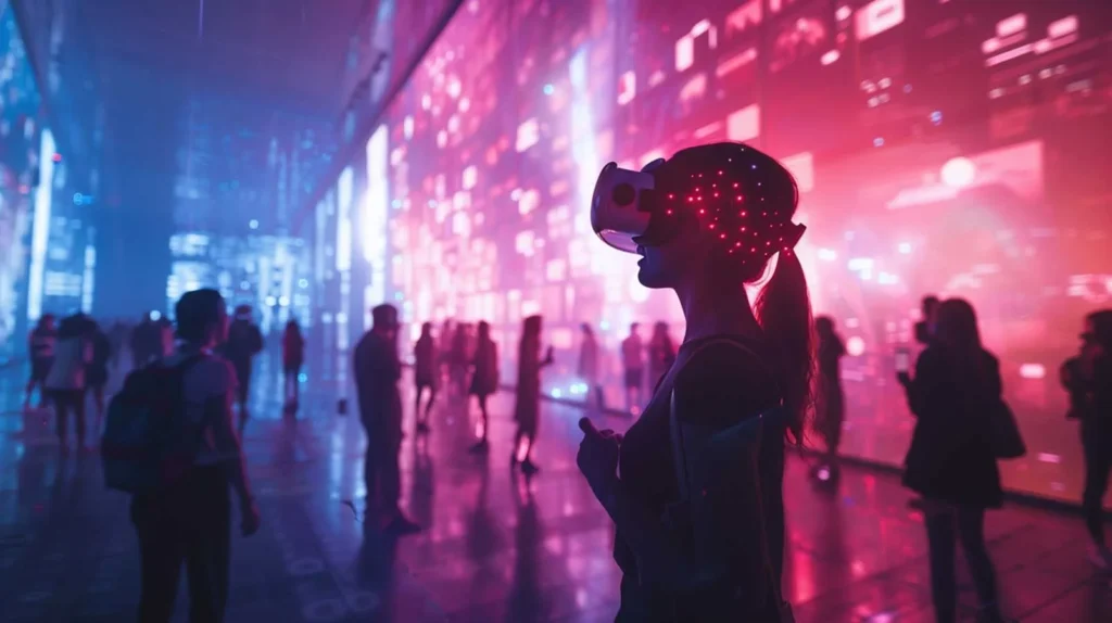 Innovazione e Tecnologia ragazza in una città futuristica che indossa un visore per la realtà aumentata
