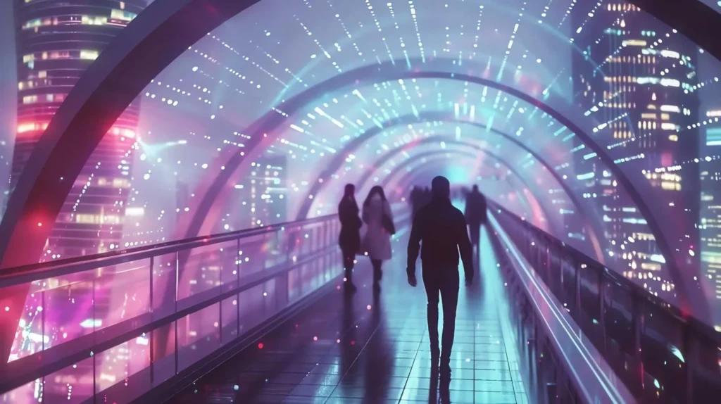 Innovazione e Tecnologia tunnel in una città futuristica con delle persone dentro