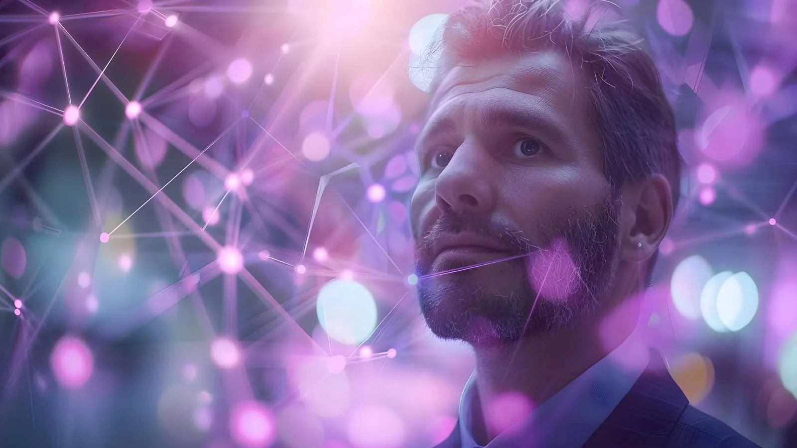 Innovazione e Tecnologia immagine concettuale con un uomo con barba e collegamenti di sinapsi