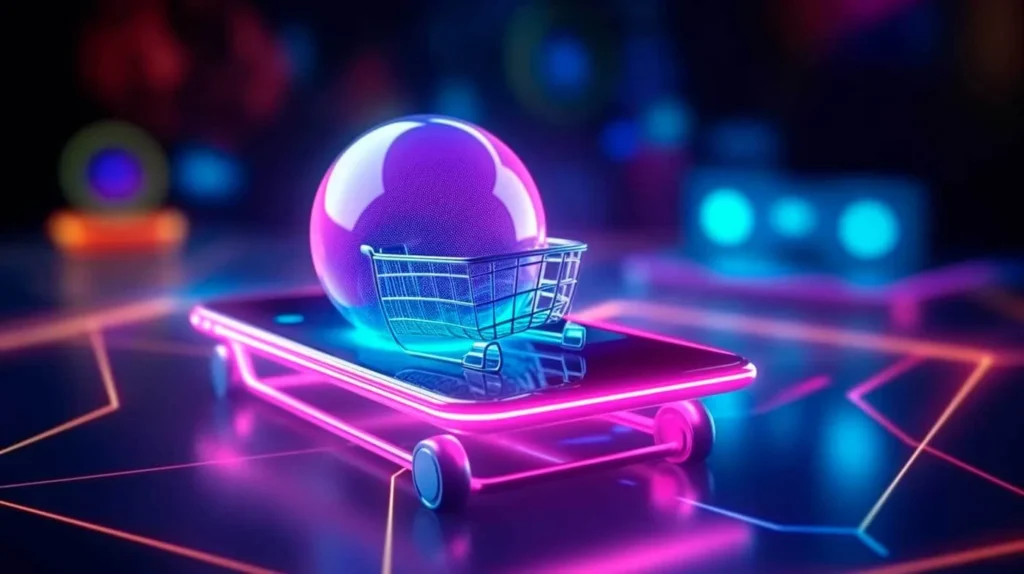 Innovazione e Tecnologia 16 Retail Digitale smartphone con le ruote e un carrello della spesa sopra immagine concettuale futuristica