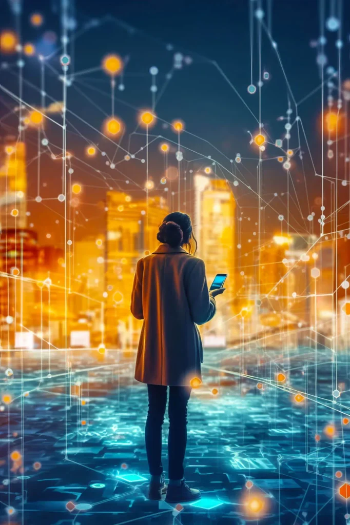 Cambiamento nel Settore Digitale ragazza di spalle con il cellulare in mano e nello sfondo una città del futuro illuminata di giallo e azzurro