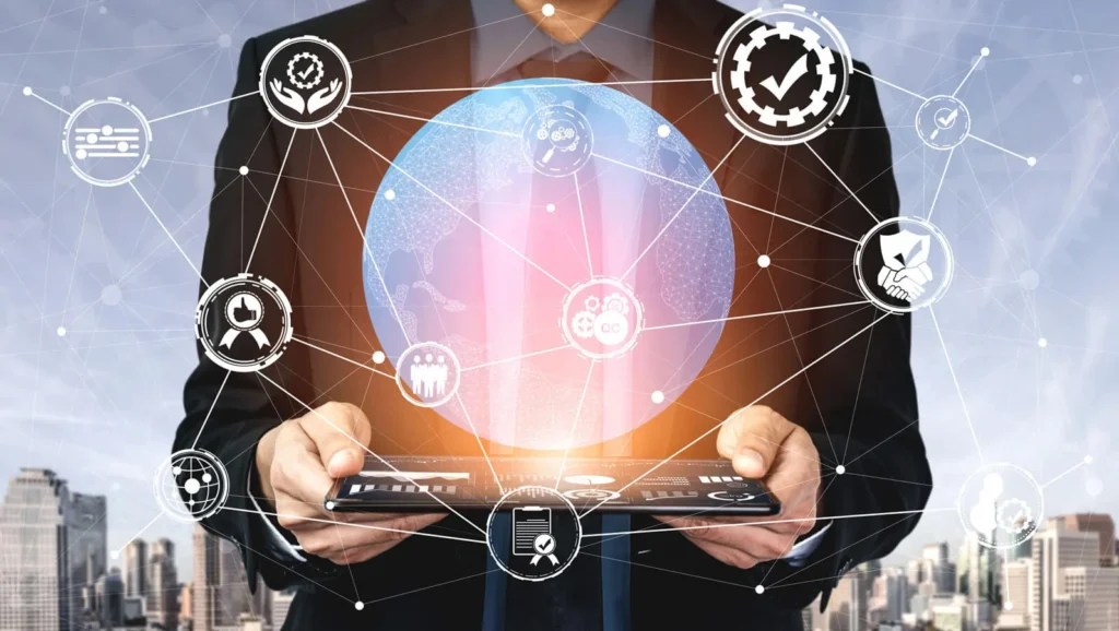 Cambiamento nel Settore Digitale uomo d'affari con tablet in mano e icone in primo piano