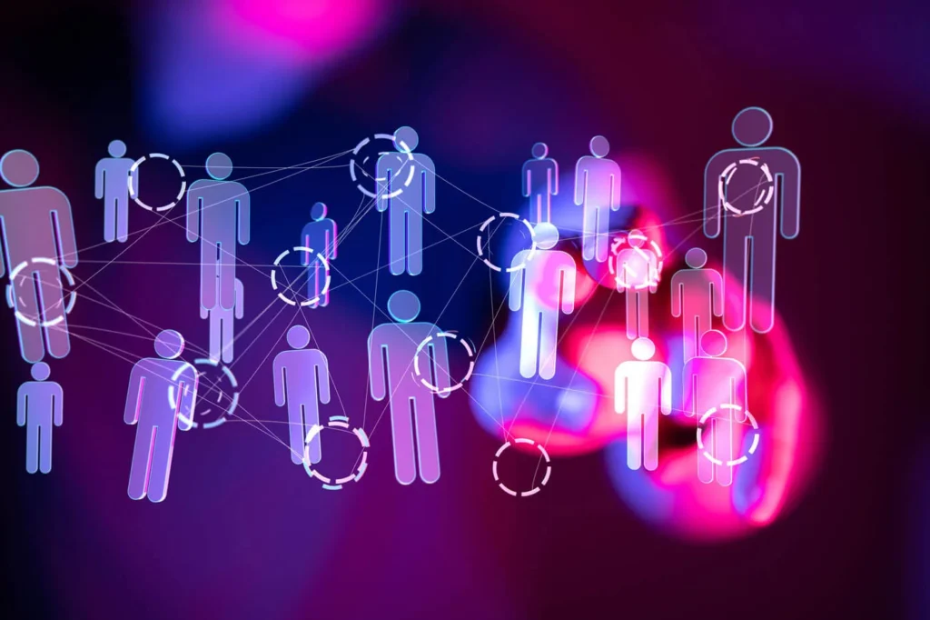 Creare una Community Intorno al Tuo Brand 4 Community online immagine concettuale con molte icone indicanti degli omini