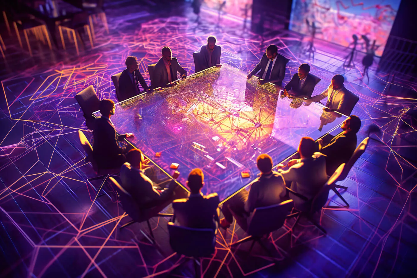 Network Marketing immagine concettuale di un gruppo di lavoro seduti attorno un tavolo quadrato luminoso con disegnato un reticolo sopra