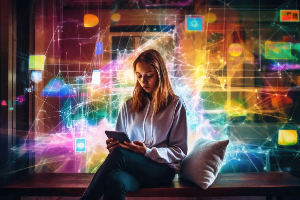 Network Marketing. Costruire Rete e Relazioni 1 Network Marketing ragazza seduta davanti alla vetrina colorata con in mano un tablet