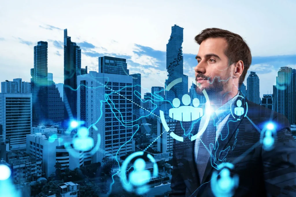 Navigare le Sfide di Mercato 10 Sfide di Mercato immagine concettuale di una città sullo sfondo con un uomo davanti a delle icone social