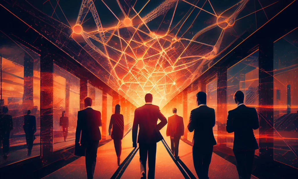 Navigare le Sfide di Mercato 11 Sfide di Mercato poster di persone in movimento con cielo costellato di lampi