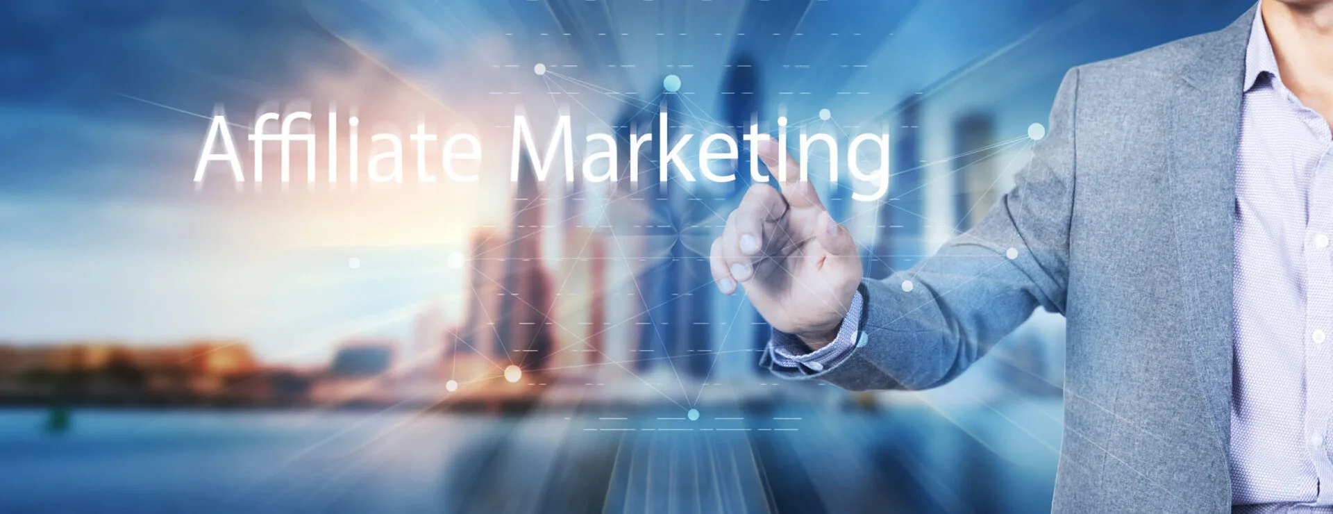 Affiliate Marketing persona che digita su uno schermo trasparente