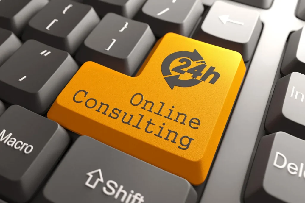 Costruire Autorità e Credibilità Online 2 Autorità e Credibilità Online tasto arancione del computer con scritto Online Consulting
