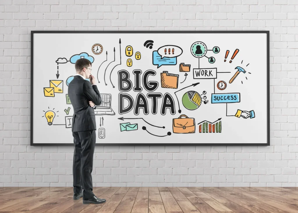 Big Data persona che guarda me lavagna bianca con dei disegni di marketing