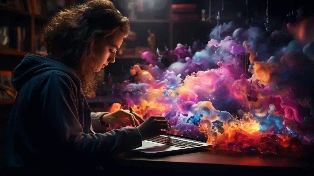 Il Ruolo del Content Manager 8 Content Manager immagine concettuale di una ragazza che scrive al computer portatile con dei vapori colorati