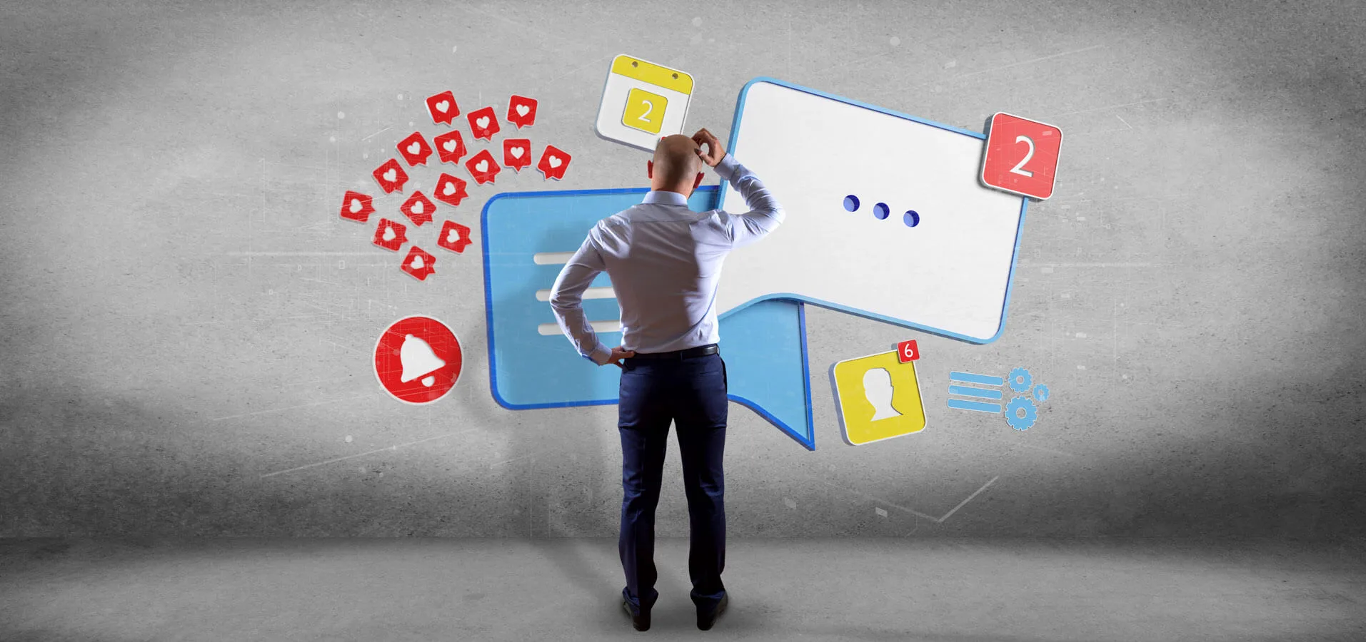 Content Manager uomo di spalle che si gratta la testa guardando delle icone giganti