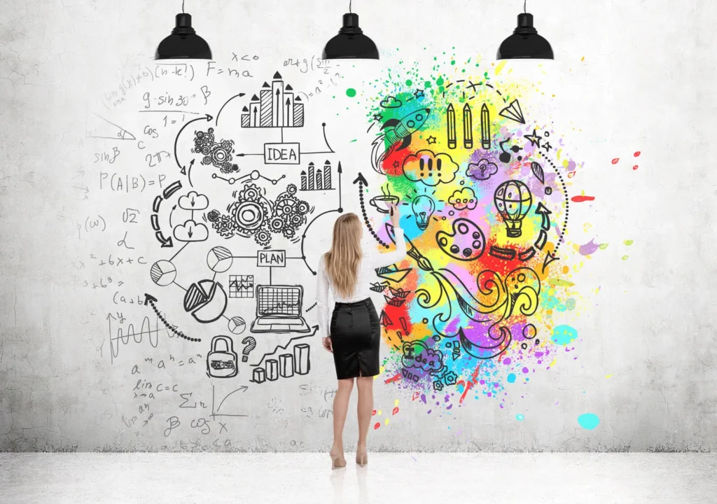 Creatività e Innovazione nel Marketing 2 Creatività e Innovazione nel Marketing donna che disegna sulla parete un disegno astratto di marketing