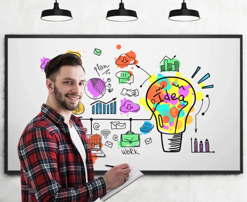 Creatività e Innovazione nel Marketing 3 Creatività e Innovazione nel Marketing ragazzo davanti a una lavagna bianca con disegno di Marketing