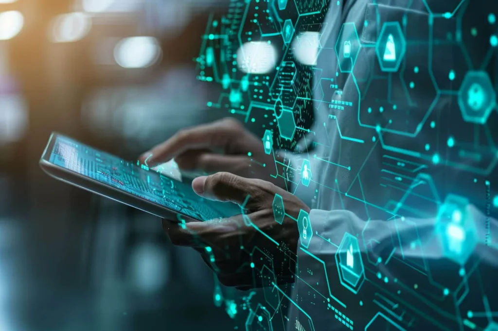 Digital Transformation mani con tablet che fuoriescono da uno schermo digitale