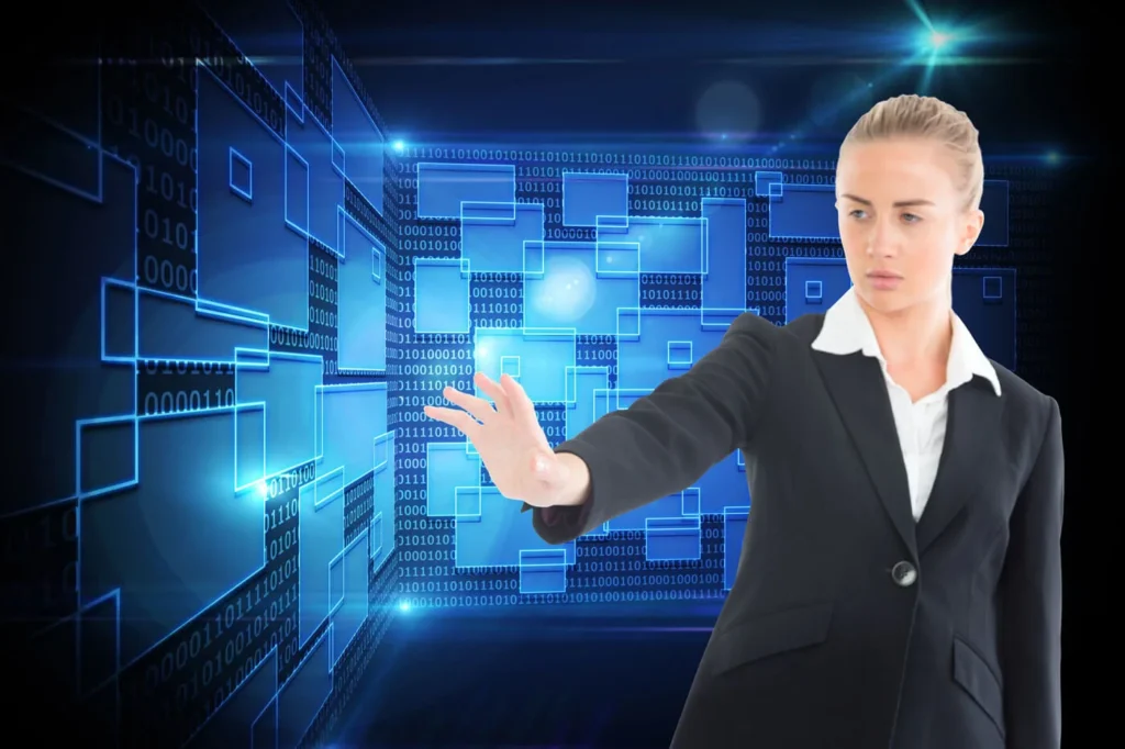 Digital Transformation ragazza con la mano tesa in un ambiente virtuale