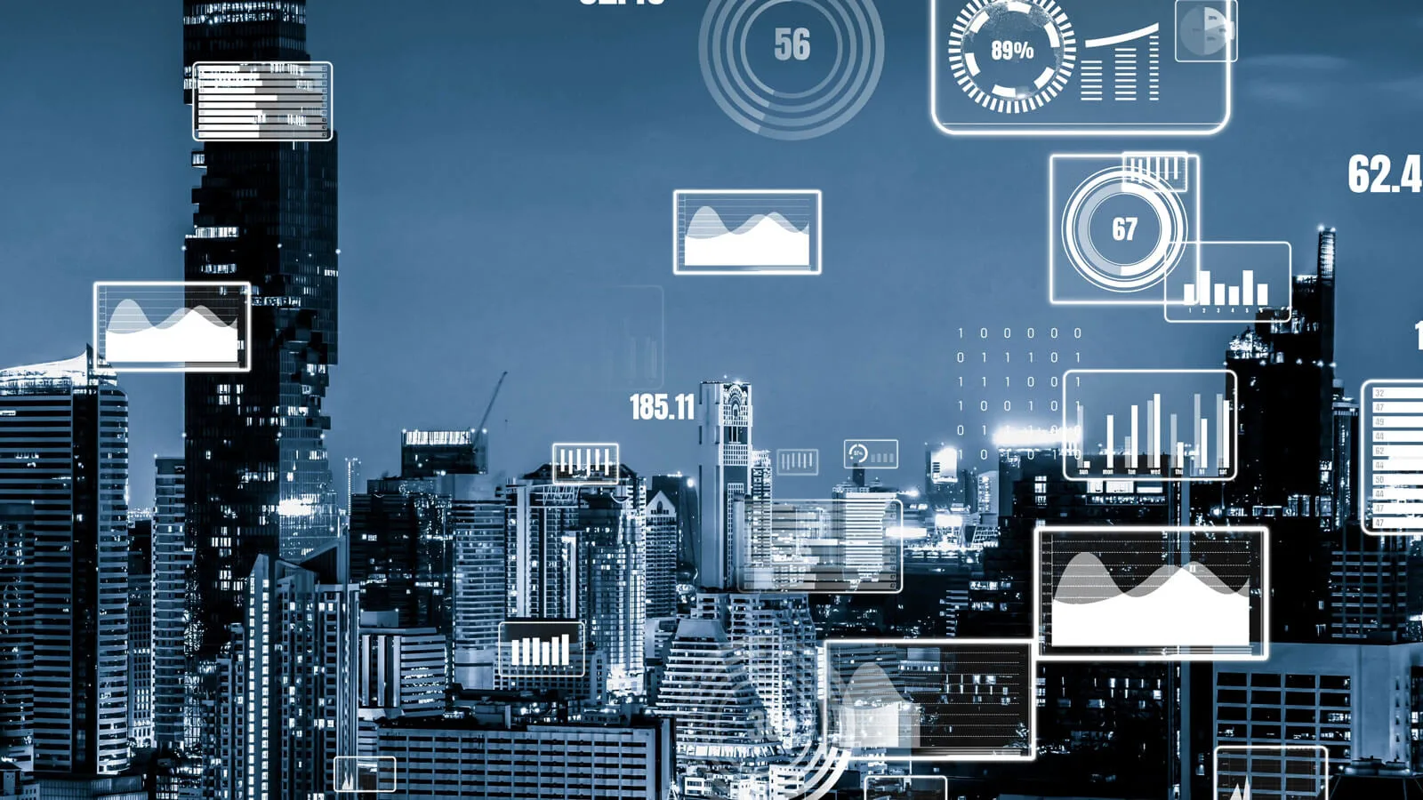 Digital Transformation. Cosa Significa per le PMI 1 Digital Transformation skyline città con icone digitali bianche in primo piano