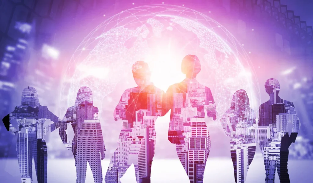 Importanza dei Valori Aziendali nella Comunicazione 5 Importanza dei Valori Aziendali immagine creativa di sei persone trasparenti con sullo sfondo una città