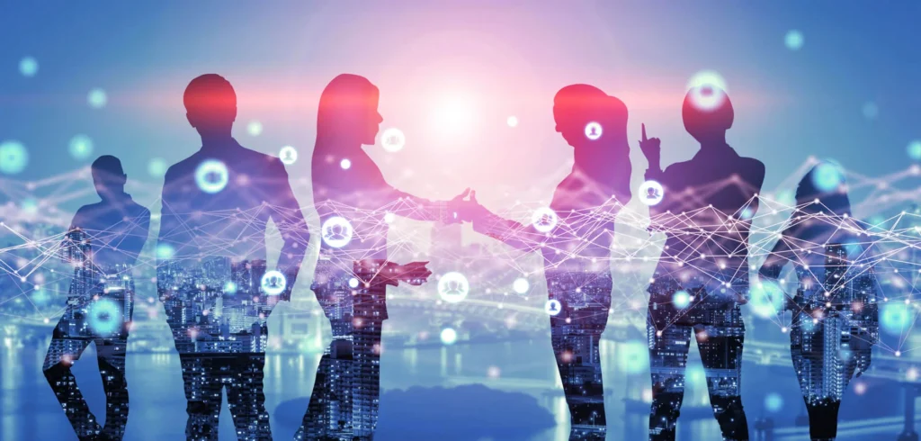 Importanza dei Valori Aziendali nella Comunicazione 7 Importanza dei Valori Aziendali immagine concettuale di un gruppo di persone con sullo sfondo una città