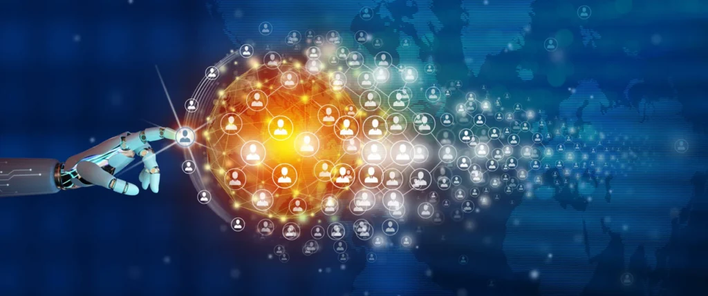 Lead Generation Mano robotica che indica un pianeta illuminato pieno di icone