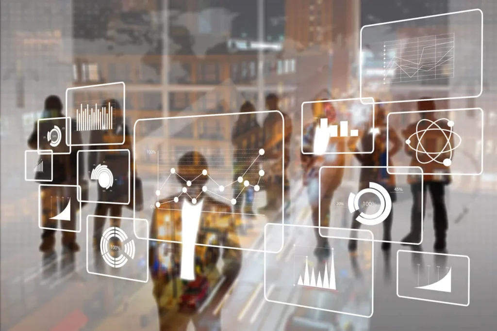 Link Building immagine concettuale con icone in primo piano e persone sullo sfondo