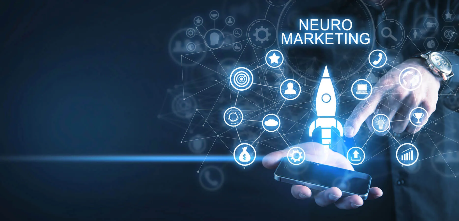 Neuromarketing immagine composita di una persona che tiene in mano il cellulare è il primo piano dell'icone social che escono