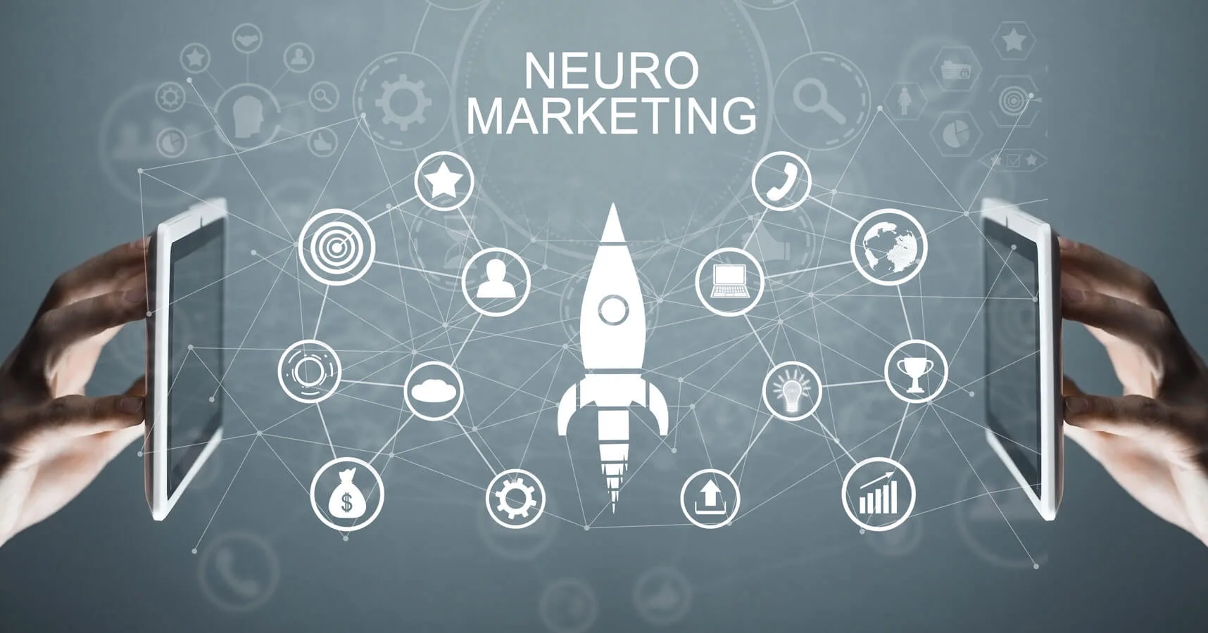 Neuromarketing 2 Neuromarketing immagine concettuale di due mani che racchiudono delle icone e due tablet