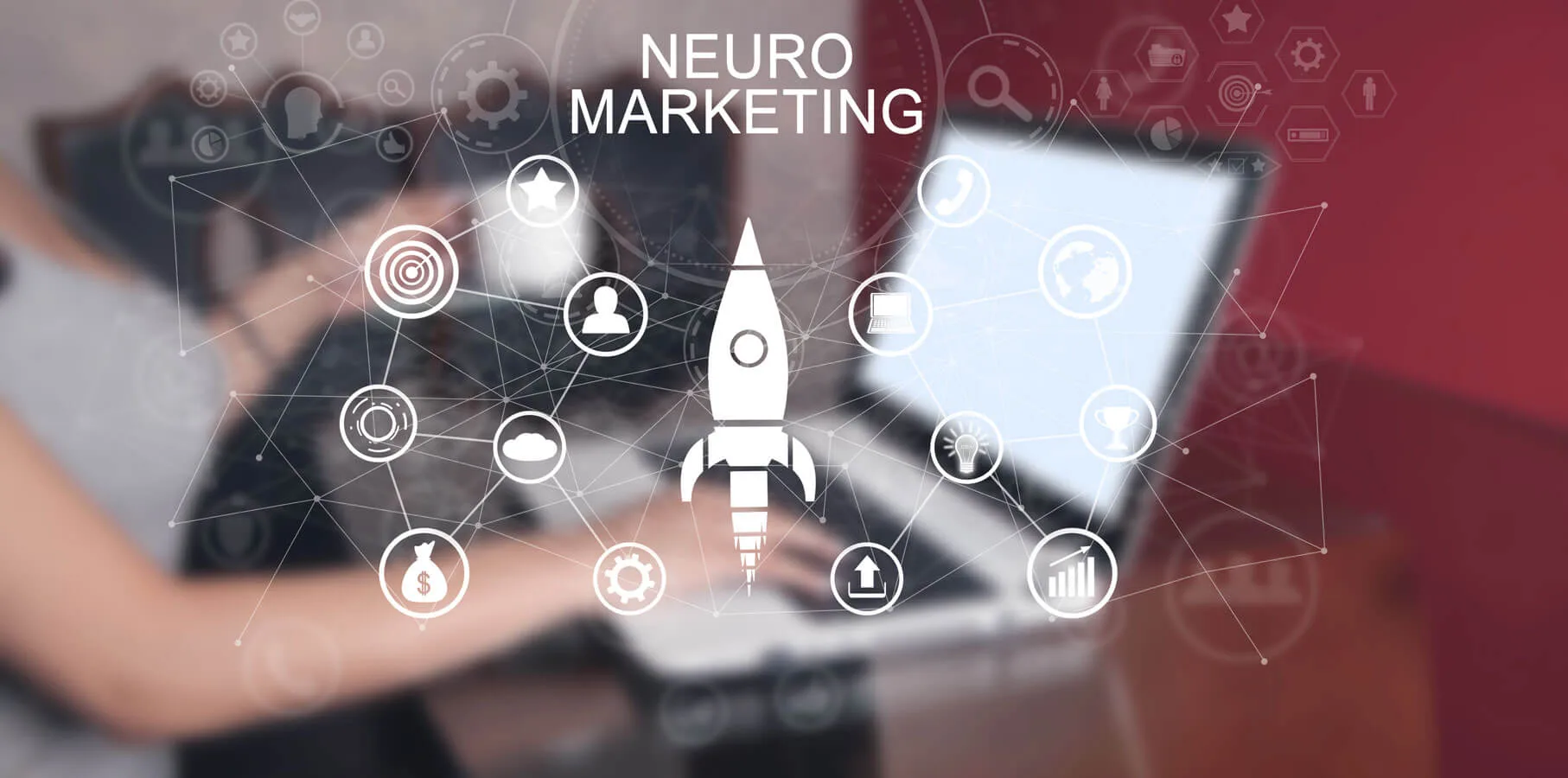 Neuromarketing 3 Neuromarketing immagine concettuale di molte icone collegate tra loro e sullo sfondo una persona che lavora al computer