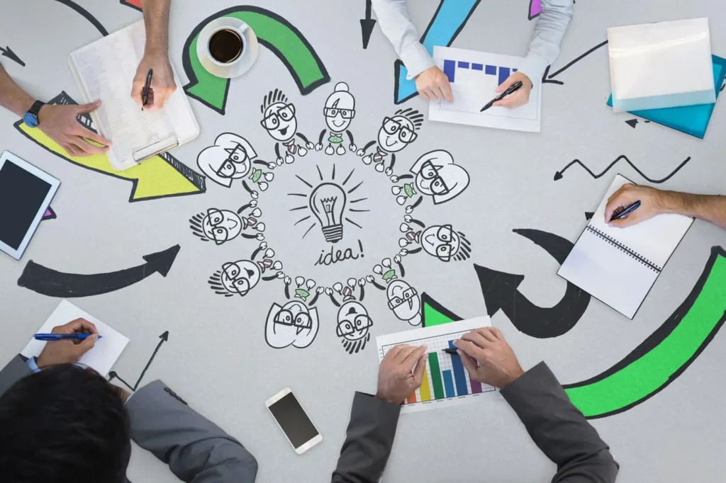 Ristrutturare il Piano di Marketing gruppo di persone attorno a un tavolo con il piano disegnato