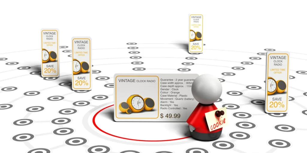 Strategie di Retargeting immagine concettuale di un omino che guarda una pubblicità su un cartoncino