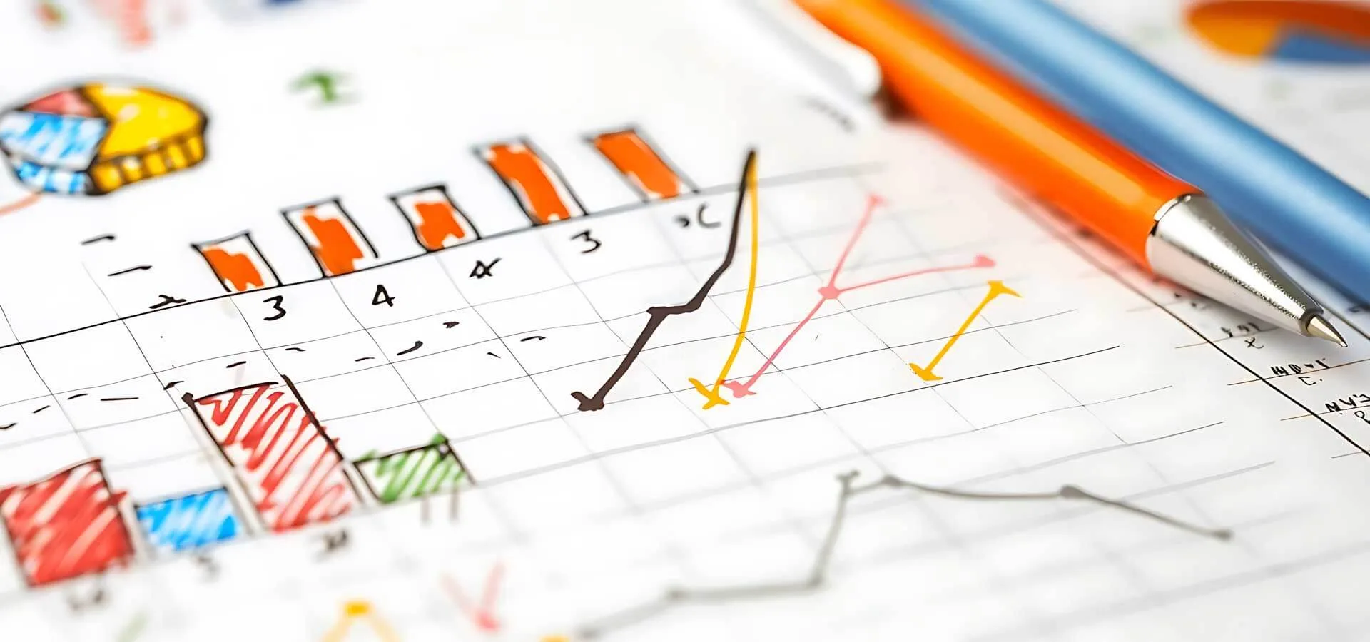 Analisi dei Risultati Annuali 2 penne sopra dei grafici colorati