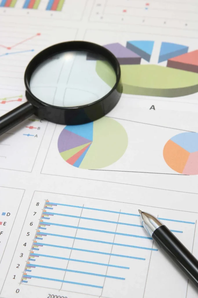 Analisi dei Risultati Annuali lente ingrandimento sopra dei grafici colorati