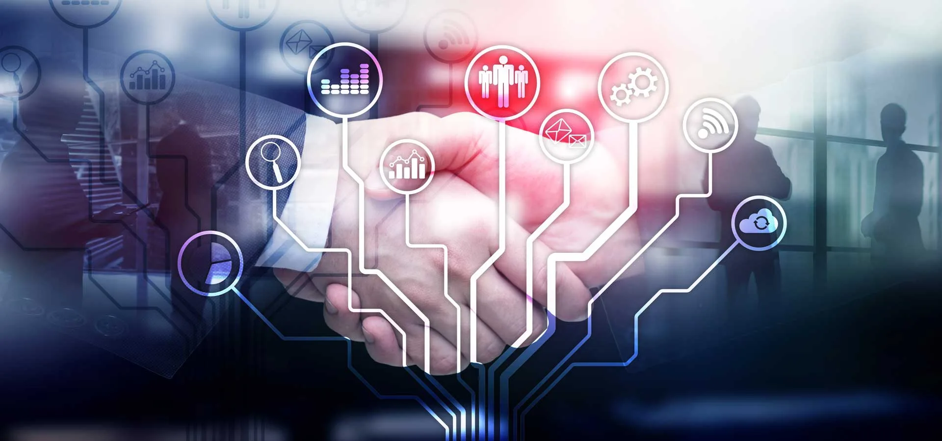 Benefici della Digitalizzazione immagine concettuale due mani che si stringono con icone in primo piano