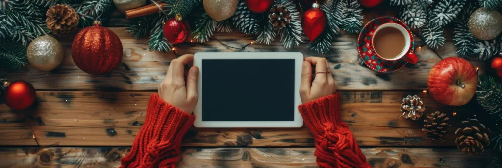 Campagna Natalizia composizione di natale e una ragazza con tablet