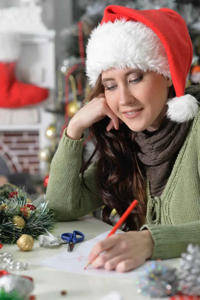 Campagna Natalizia ragazza con cappello da babbo Natale che scrive