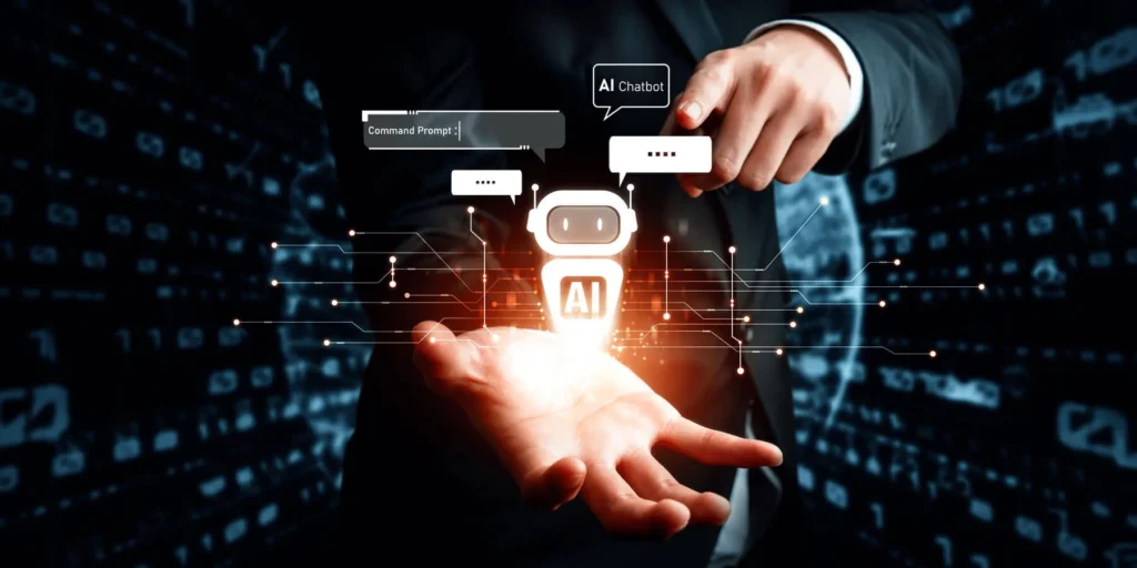 Chatbots e Assistenza Clienti 8 Chatbots e Assistenza Clienti immagine concettuale con un uomo che regge delle icone luminose AI