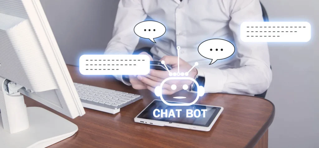 Chatbots e Assistenza Clienti 5 Chatbots e Assistenza Clienti ragazzo con cellulare in mano e icone AI di fronte