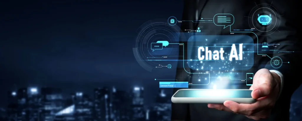 Chatbots e Assistenza Clienti 3 Chatbots e Assistenza Clienti immagine concettuale con uomo con cellulare in mano e icone AI davanti