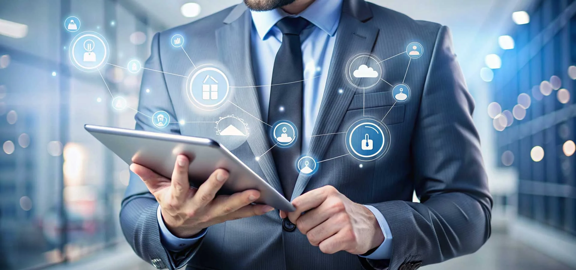 Digitalizzazione per PMI immagine concettuale con business man con in mano un tablet e delle icone colorate in primo piano