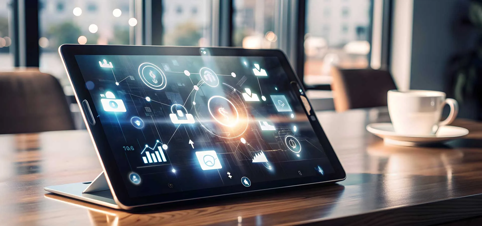 Digitalizzazione per PMI 7 Digitalizzazione per PMI tablet sopra il tavolo con una tazza di caffè