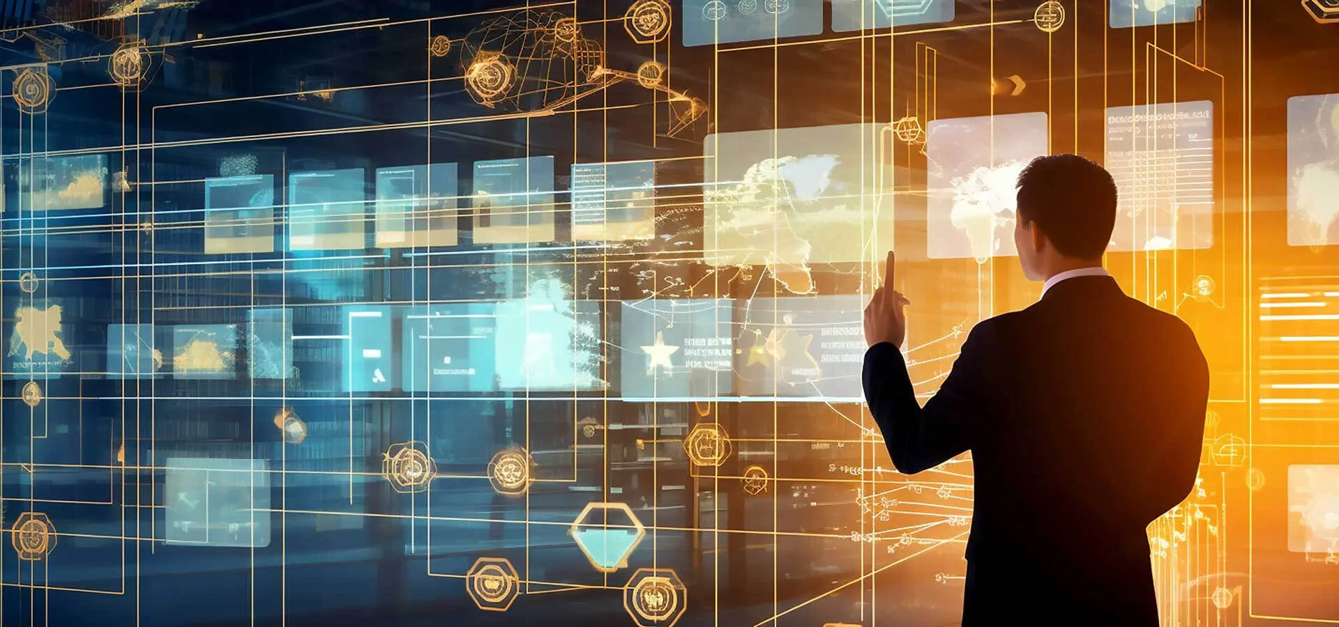 Digitalizzazione per PMI 1 Digitalizzazione per PMI uomo in piedi davanti a un grande schermo digitale