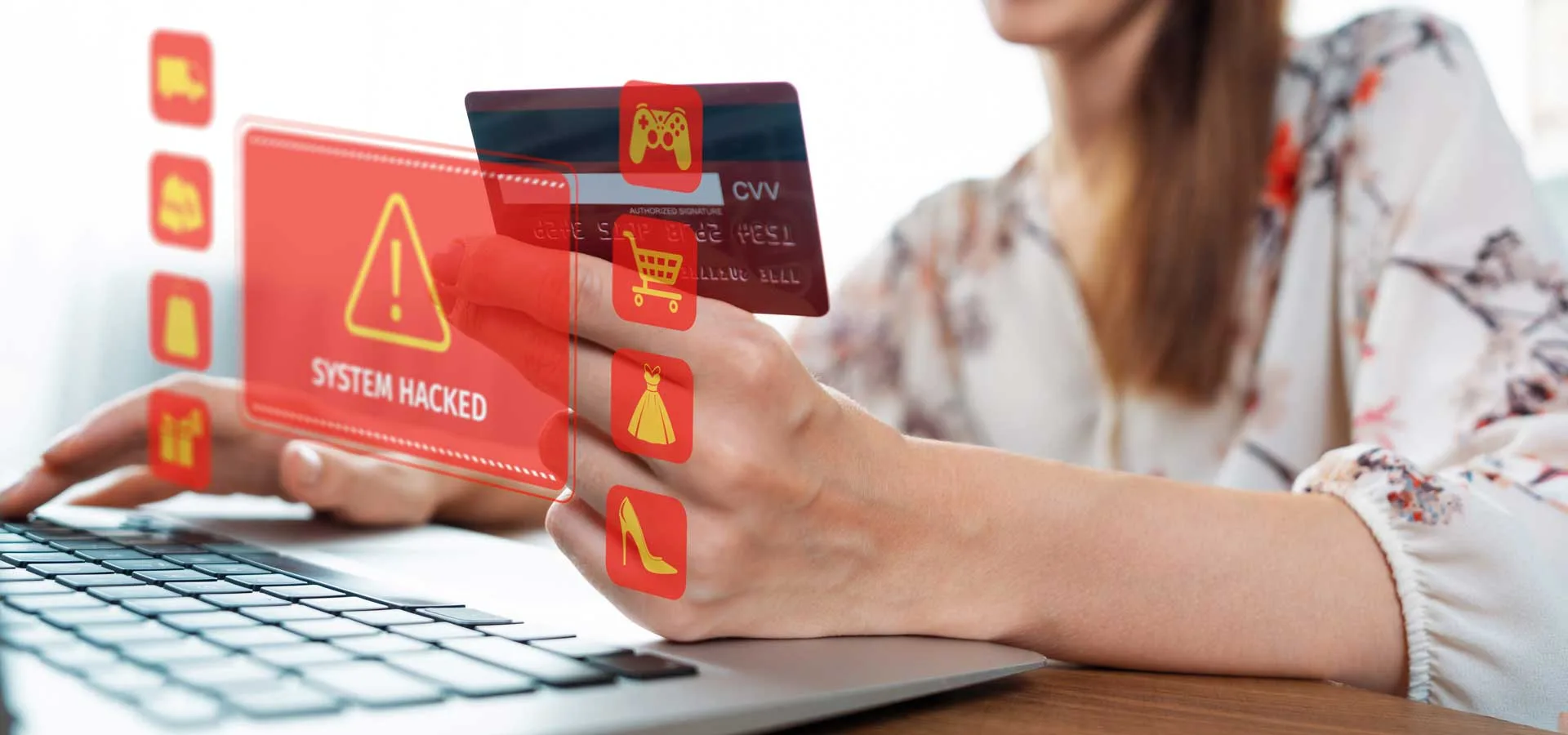 Errori delle PMI nella digital transformation icone di allerta in primo piano e ragazza con carta di credito davanti al computer sullo sfondo