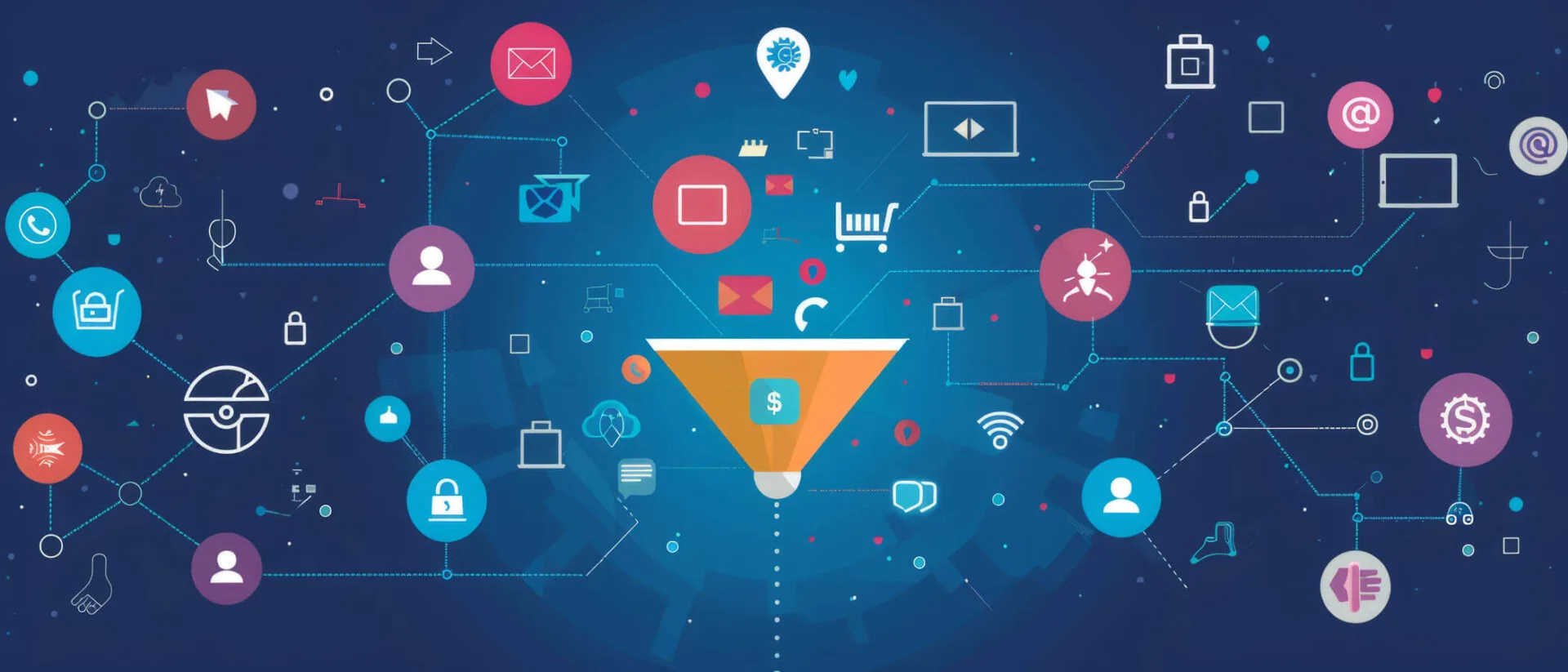 Funnel di Vendita immagine concettuale con un imbuto e tante icone collegate tra loro