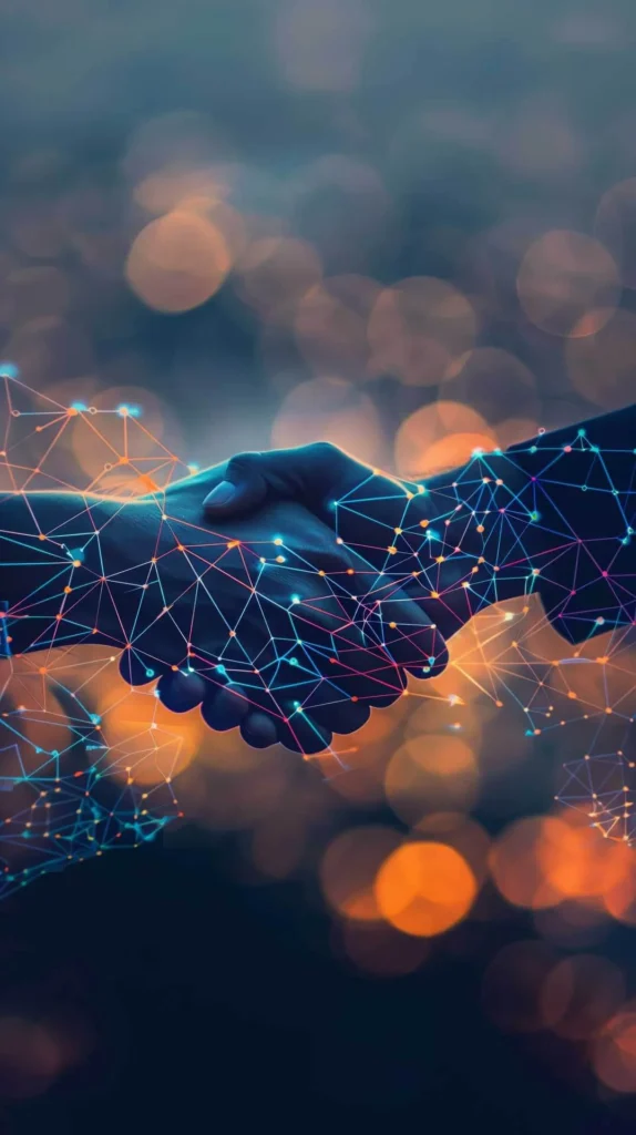 Le Partnership nel Marketing Digitale 2 Partnership nel Marketing stretta di mano in primo piano con reticolo digitale di fronte